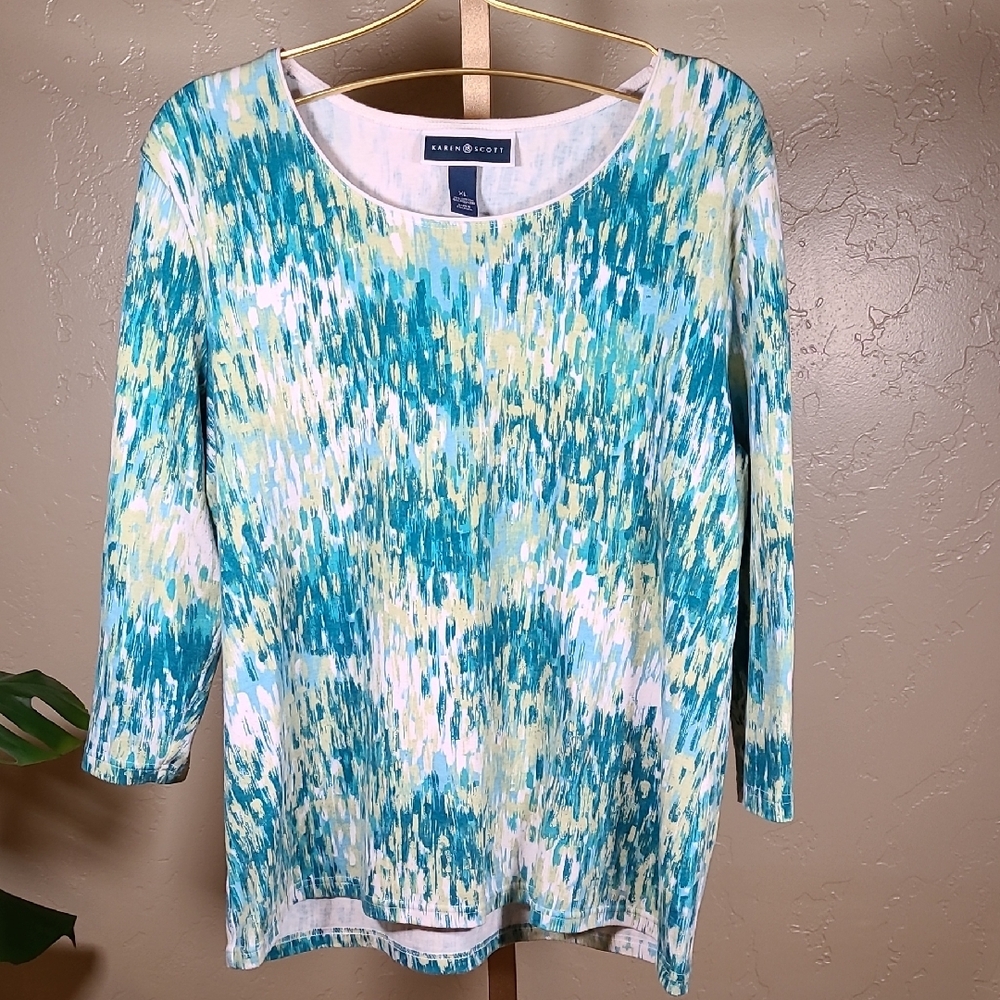 Karen Scott Blue and Green Patterned Top XL